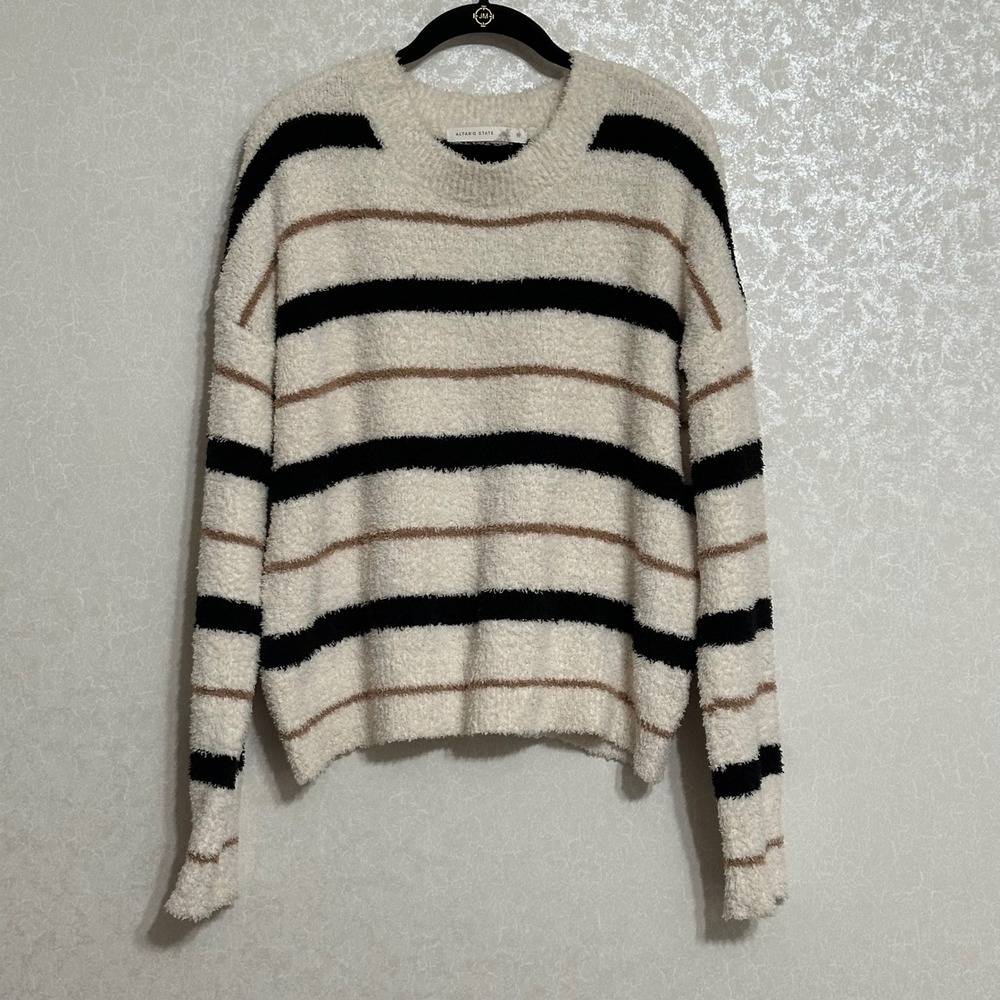 Altar'd State Striped Sweater Cream Black Brown Fuzzy Knit Pullover Cozy Warm‎ M
